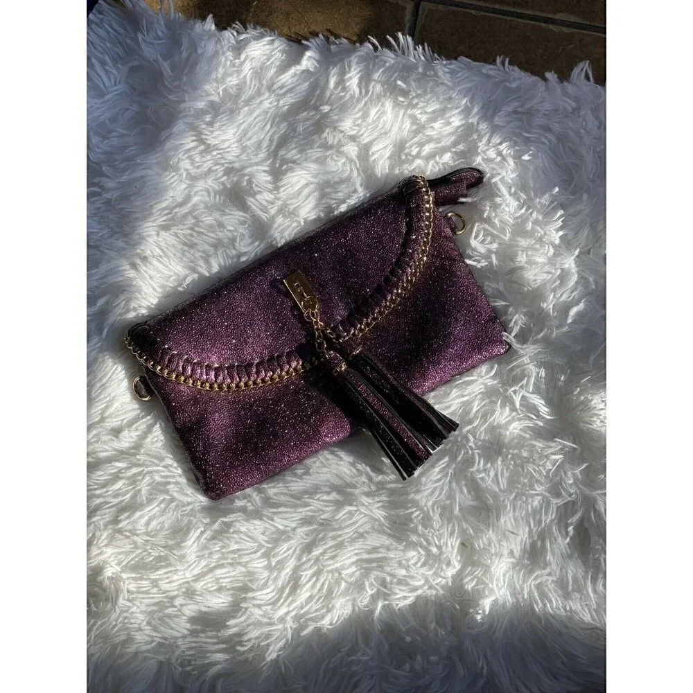 Sondra Roberts purple sparkly wristlet with gold chain details